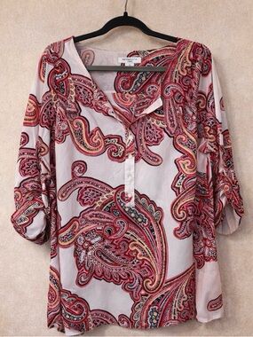Liz Claiborne XL Paisley Tunic Boho Lightweight Henley Top Pink Red Resort